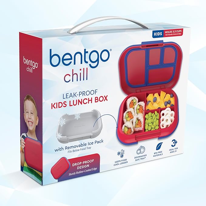 Bentgo Chill Kids Leak-Proof Lunch Box - 4-Compartment Bento Box with Built-In Ice Pack, 3.3 Cup Capacity, PFAS & BPA-Free, Microwave & Dishwasher Safe, Ideal Size for Ages 3 to 7 (Red/Royal)