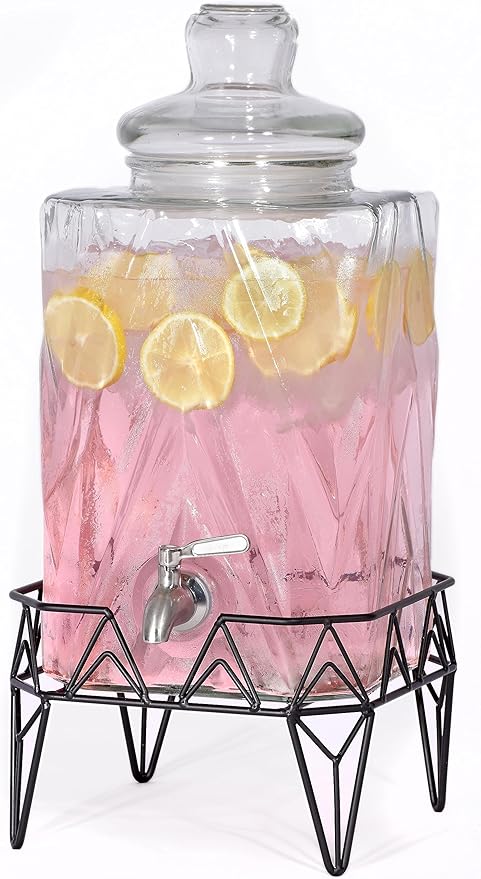 Glacial Ice Design Glass Beverage Dispenser with SS Spigot and Stand - 2.5 Gal