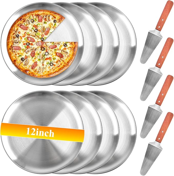 8Pcs 12 Inch Pizza Pan, Stainless Steel Pizza Serving Tray with 4pcs Pizza Spatula, Round Non-Stick Coating Pizza Plate for Baking Cake Pie Serving Tableware Kitchen Home Restaurant