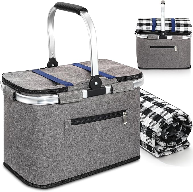 35L Large Insulated Picnic Basket with Blankets Kit Shopping Basket Cooler Bag Leakproof Collapsible Portable Suitable for Picnic Camping Work Hiking Food Delivery Gifts (Grey)