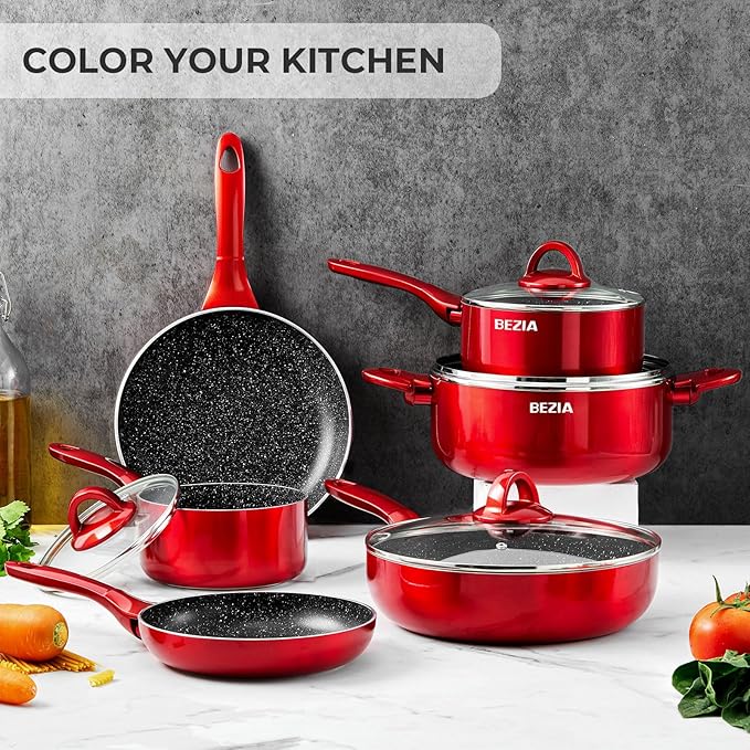 Induction Cookware Pots and Pans Set 10 Piece, BEZIA Dishwasher Safe Nonstick Cooking Pans, Stay-Cool Bakelite Handle, Scratch Resistant Kitchen Sets with Frying Pans, Saucepans & Stockpot (Red)