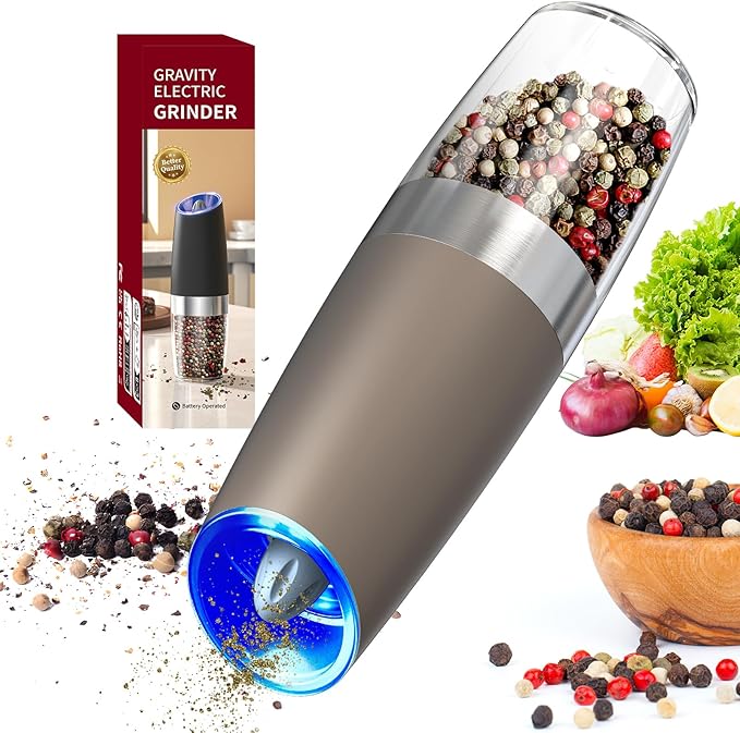 CIRCLE JOY Gravity Electric Pepper Grinder, Pepper Griner Mill Electric with LED Light, Battery Operated, Adjustable Coarseness, Washable 135ml Container, Brown