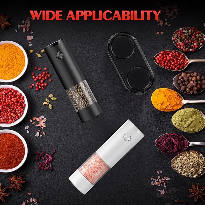 Electric Salt and Pepper Grinder Set Automatic Battery Pepper Mill Shakers Adjustable Coarseness Easy Filling Upgraded Larger Capacity with Led (2 Pack Black/White）