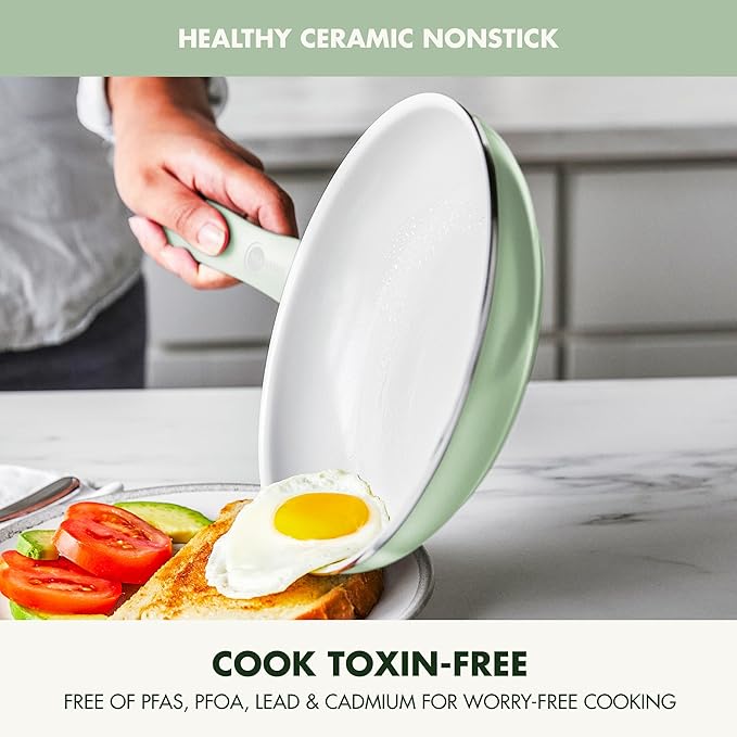 GreenPan Dover 8” & 10” 2 Piece Frying Pan Skillet Set, Non-Toxic PFAS-Free Ceramic Nonstick Coating, Sear Saute Fry Egg Omlete, Dishwasher & Oven Safe, Stay Cool Handle, Easy Pour Rims, Pastel Green