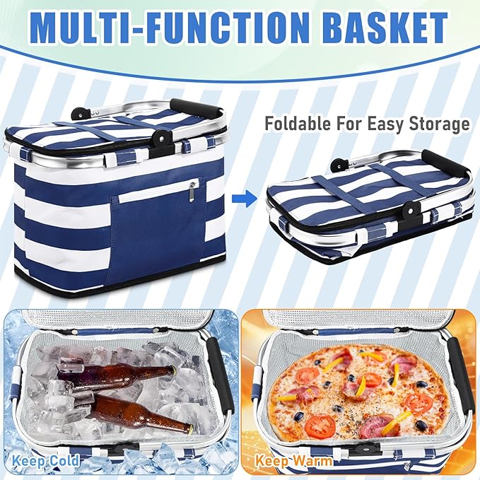 35L Large Insulated Picnic Basket with Blankets Kit Shopping Basket Cooler Bag Leakproof Collapsible Portable Suitable for Picnic Camping Work Hiking Food Delivery Gifts(Blue Stripes)