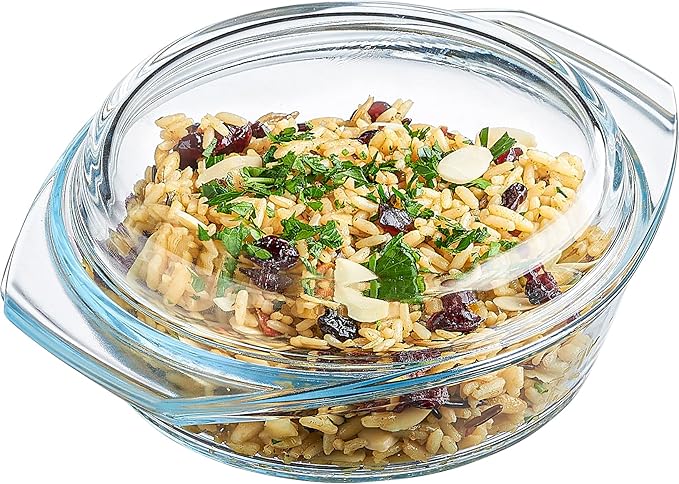 Glass Casserole Dish, Clear Glass Round Casserole Dish with Lid and Handles, 1 Quart Covered Bowl for Cooking, Baking, Serving, Microwave, Dishwasher, and Oven Safe Cookware