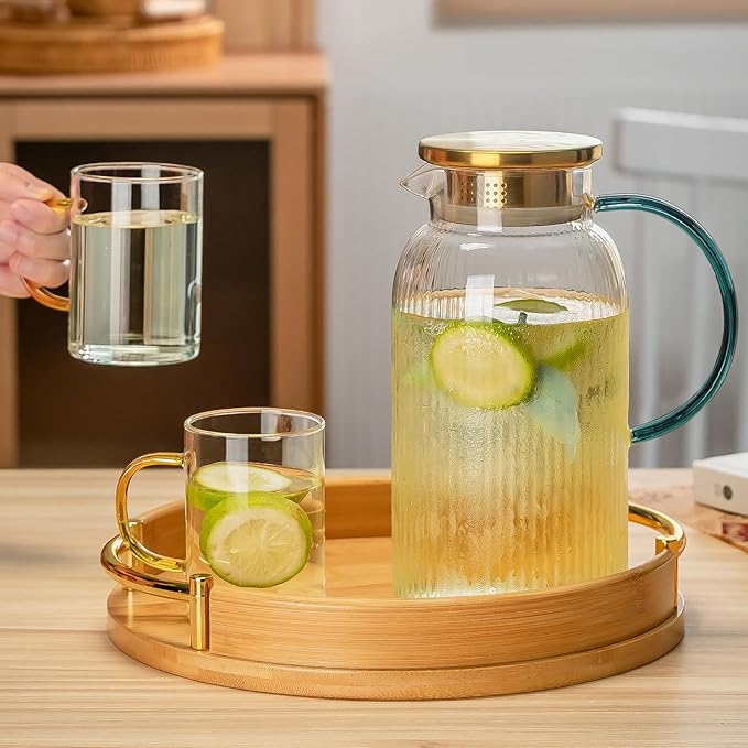 2 PACK Glass Pitcher with Lid,68 oz/ 2 Liter Vertical Stripes Water Pitcher With Green Handle,Glass Water Carafe for Cold Brew,Coffee, Lemonade, Iced Sun Tea,Beverage,Milk Heat Resistant