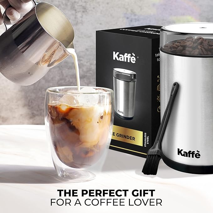 Kaffe One-Touch Coffee Grinder Electric w/Cleaning Brush (3 oz) - Stainless Steel - Coffee Grinders for Home Use - Up to 12 Cups of Coffee per Grind - Easy On/Off Coffee Bean Grinder - Copper