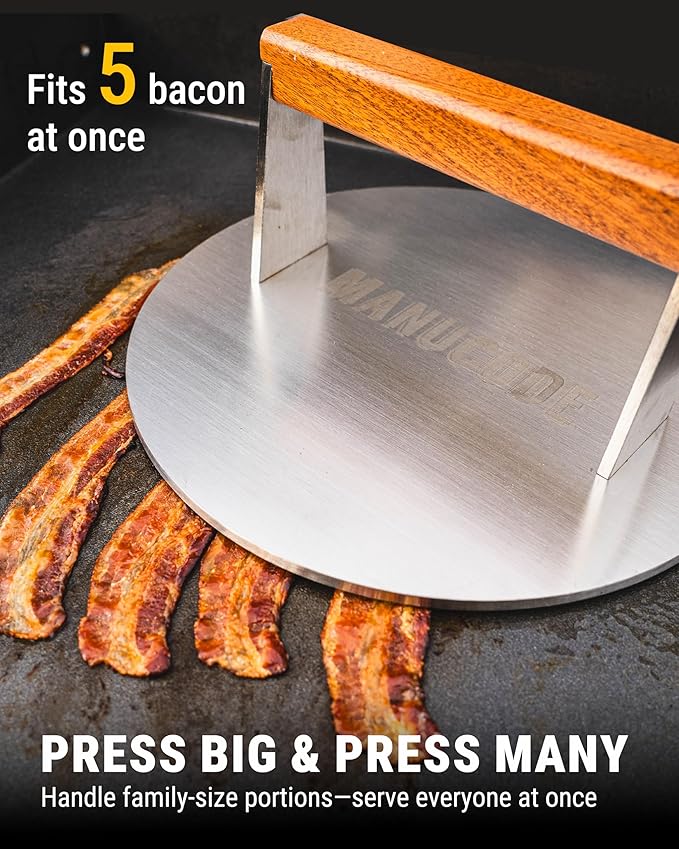 Smash Burger Press, 3.8-Lb Burger Smasher, 9-Inch Bacon Press for Batch Cooking, Stainless Steel, Easy to Clean and Seasoning Free, Heatable for Searing Panini, Steak, Chicken, Fish, Round