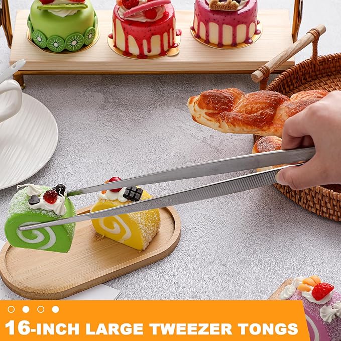 Yaomiao 4 Packs 16 Inch Bar Tweezers Silver Long Garnish Tongs Stainless Steel Kitchen Cooking Tongs Tweezers for Food Cocktail Korean BBQ Bartender Chef, Multi-use