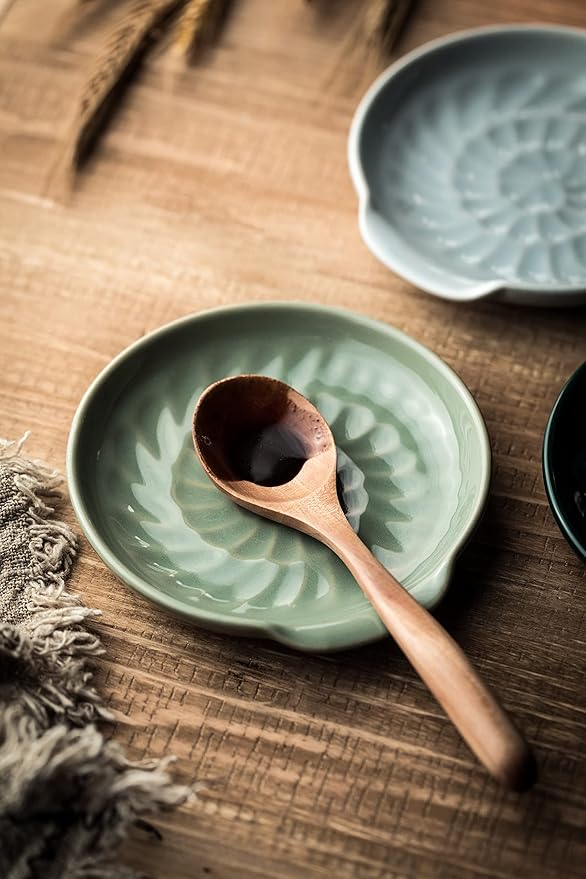 Ceramic Spoon Rest Cooking Spoon Holder for Stove Top, Modern Farmhouse Kitchen Decor for Multiple Utensil, Ladles Tongs Spatula - Green
