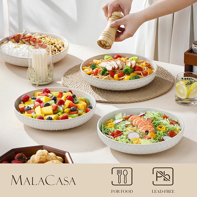 MALACASA Pasta Bowls 48 Oz, 9.5 Inch Large Salad Bowls, Modern Relief Design Ceramic Serving Bowls, Wide and Shallow Plates Pasta Plates, Microwave & Dishwasher Safe, Set of 4, Series LYDIA