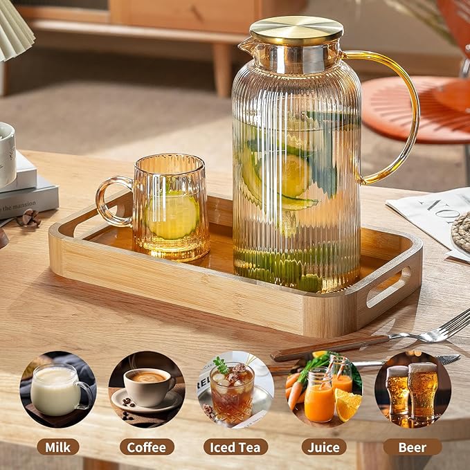 Glass Pitcher with Lid, 68 oz/ 2 Liter Amber Classic Vertical Stripes Water Pitcher,Glass Water Carafe for Cold Brew, Coffee, Lemonade, Iced Tea,Beverage, Heat Resistant Water Glass Jug