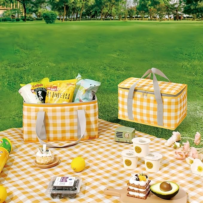 2pcs Insulated Reusable Food Picnic Bag Beach Bags, Beach Bag Cooler Bags with Zippered Top - Insulated Bag for Hot or Cold,Picnic Basket Collapsible, Outdoor Party, Camping,Festivals (B)