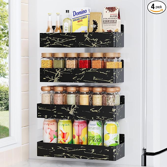 Magnetic Spice Rack for Refrigerator, Kitchen Organizer and Storage Shelf, Black Gold(4 Pack)