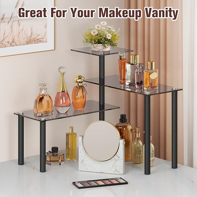 FAVOOSTY Kitchen Counter Shelf, 3 Tier Bathroom Countertop Organizer Moveable Corner Shelf, Tempered Glass Storage Shelf, Space Saving Makeup Organizer Spice Rack Plant Shelf Coffee Bar Dresser Table