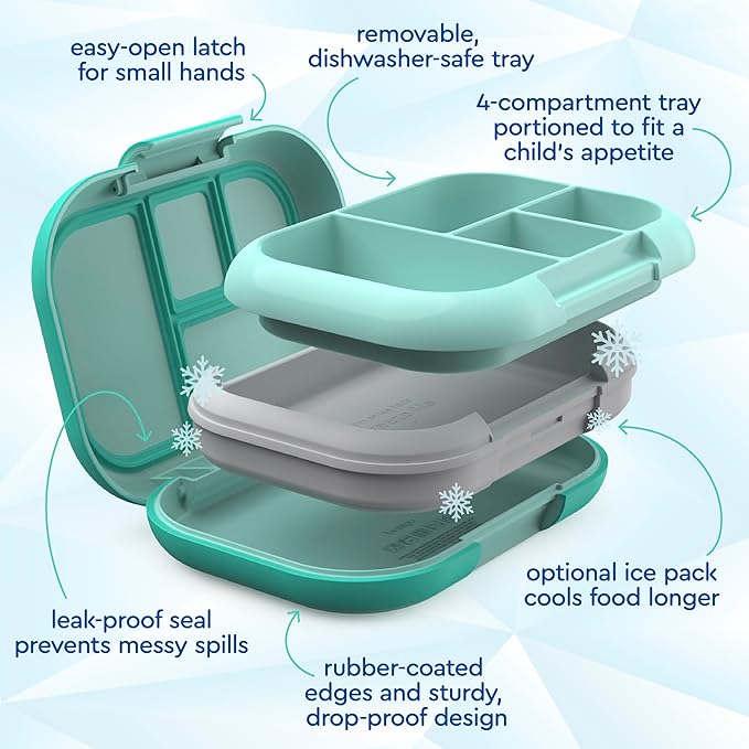 Bentgo Chill Kids Leak-Proof Lunch Box - 4-Compartment Bento Box with Built-In Ice Pack, 3.3 Cup Capacity, PFAS & BPA-Free, Microwave & Dishwasher Safe, Ideal Size for Ages 3 to 7 (Aqua)