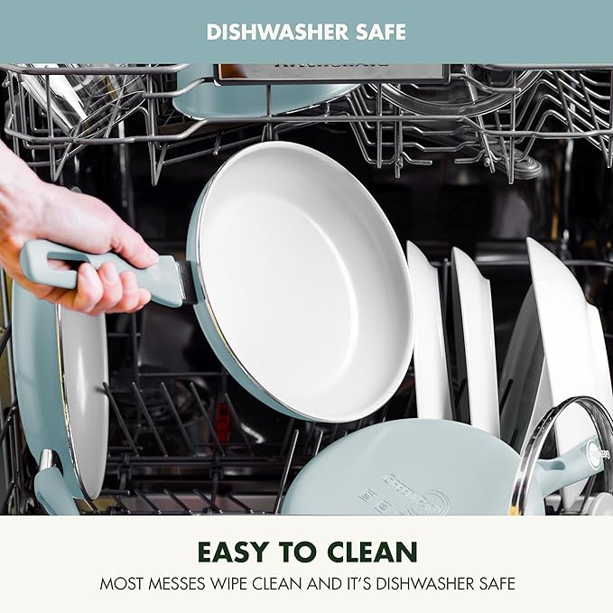GreenPan Dover 8” and 10” 2 Piece Frying Pan Skillet Set, Non-Toxic PFAS-Free Ceramic Nonstick Coating, Sear Saute Fry Egg Omlete, Dishwasher & Oven Safe, Stay Cool Handle, Easy Pour Rims, Blue Haze