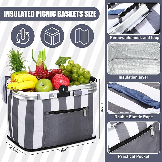 35L Large Insulated Picnic Basket with Blankets Kit Shopping Basket Cooler Bag Leakproof Collapsible Portable Suitable for Picnic Camping Work Hiking Food Delivery Gifts(Gray Stripes)