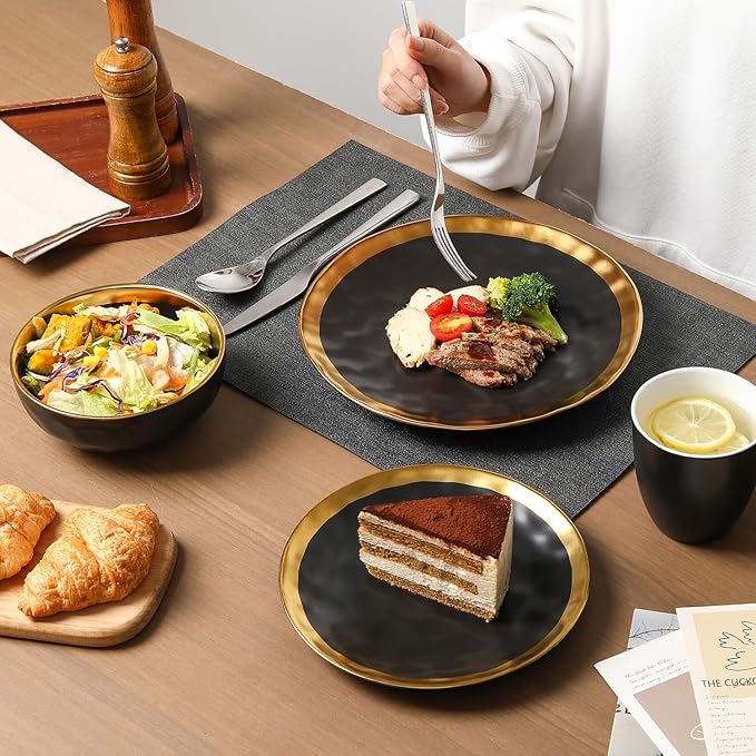 vicrays Ceramic Dessert Salad Plates, 8 Inch, Set of 6, Round, Dishwasher Safe, NOT Microwave Safe, Scratch Resistant, Suitable for Appetizer, Home, Restaurant (Black with Golden)