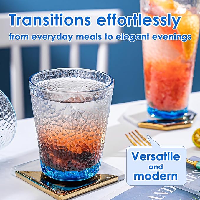 Drinking Glasses, 8 Piece Glass Cups, Colored Mixed Glassware Set, 4 pcs Crystal 12oz Highballs and 4 pcs 10oz Rocks Glasses, Great for Cocktail, Whisky and other Beveragesc (Light BLUE)