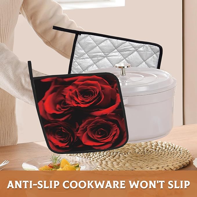 2PCS Rose Pot Holder with Loop,Abstract Red Black Rose Heat Resistant Oven Pads, Hot Pat for Kitchen Cooking Baking Food