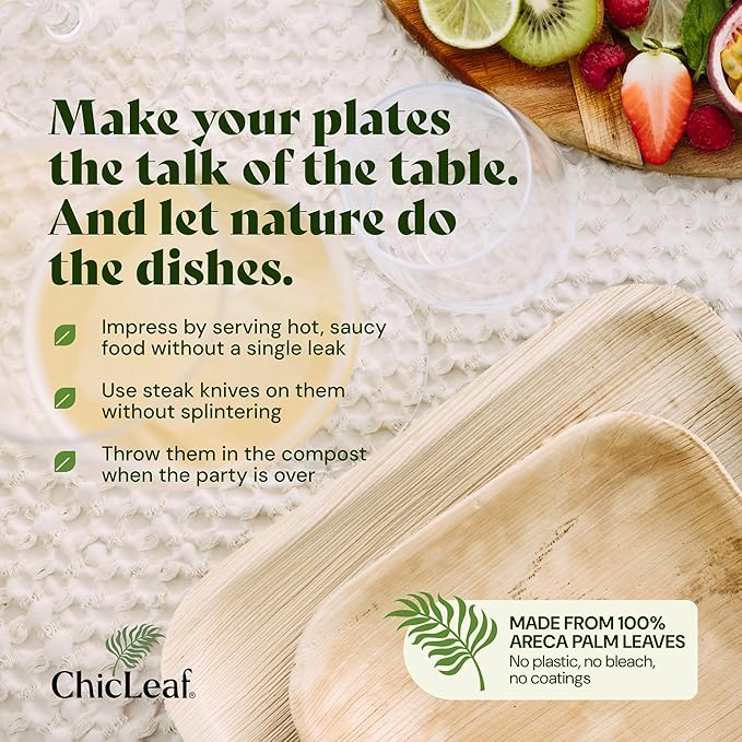 Chic Leaf Palm Leaf Compostable Plates - 6" Square, Pack of 50 - Disposable Dinnerware - Rustic Bamboo Appetizer Plates - Charcuterie Boards & Biodegradable Serviceware