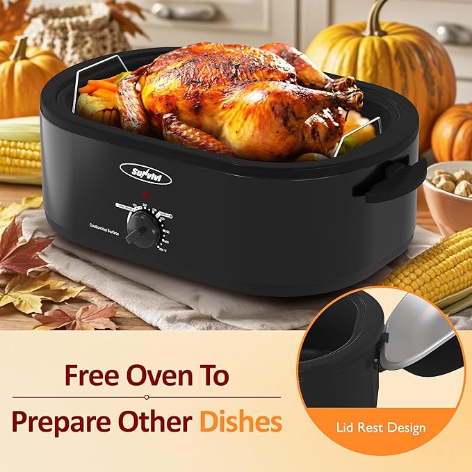 Sunvivi 20-Quart Roaster Oven with Self-Basting Lid, Electric Turkey Roaster Oven with Removable Pan and Rack, Stainless Steel, Black