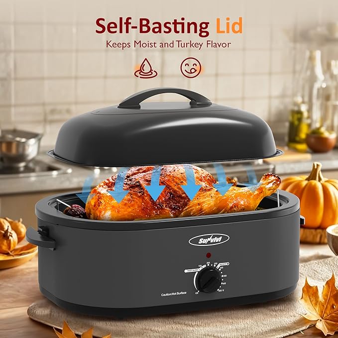 Sunvivi 20-Quart Roaster Oven with Self-Basting Lid, Electric Turkey Roaster Oven with Removable Pan and Rack, Stainless Steel, Grey