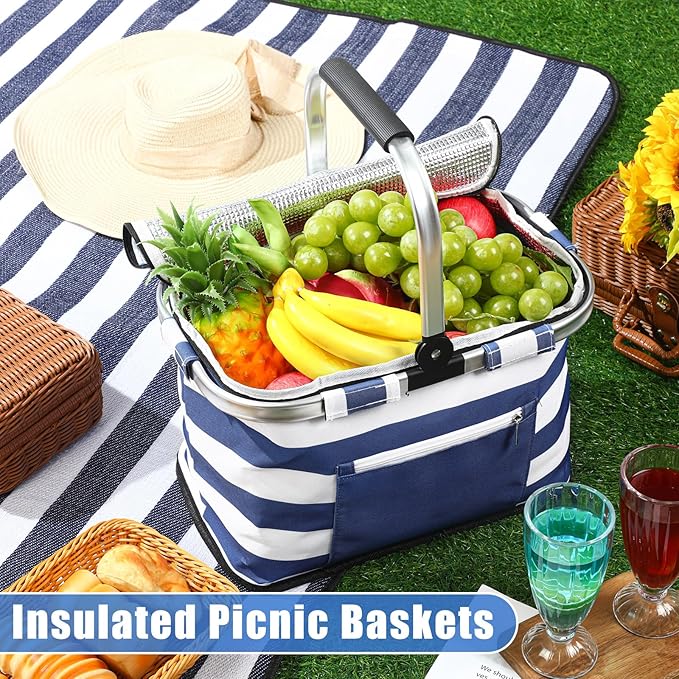 35L Large Insulated Picnic Basket with Blankets Kit Shopping Basket Cooler Bag Leakproof Collapsible Portable Suitable for Picnic Camping Work Hiking Food Delivery Gifts(Blue Stripes)