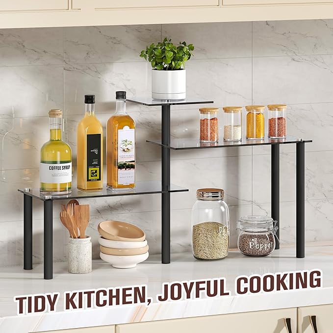 FAVOOSTY Kitchen Counter Shelf, 3 Tier Bathroom Countertop Organizer Moveable Corner Shelf, Tempered Glass Storage Shelf, Space Saving Makeup Organizer Spice Rack Plant Shelf Coffee Bar Dresser Table