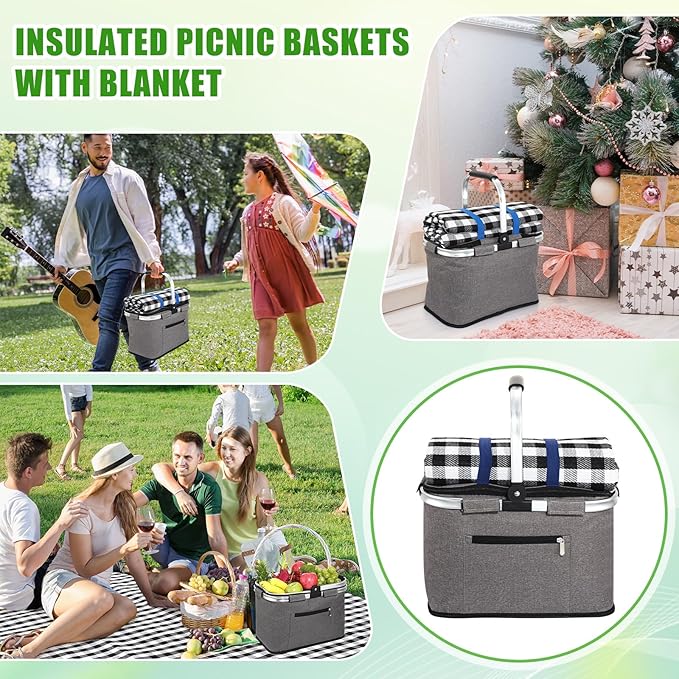 35L Large Insulated Picnic Basket with Blankets Kit Shopping Basket Cooler Bag Leakproof Collapsible Portable Suitable for Picnic Camping Work Hiking Food Delivery Gifts (Grey)