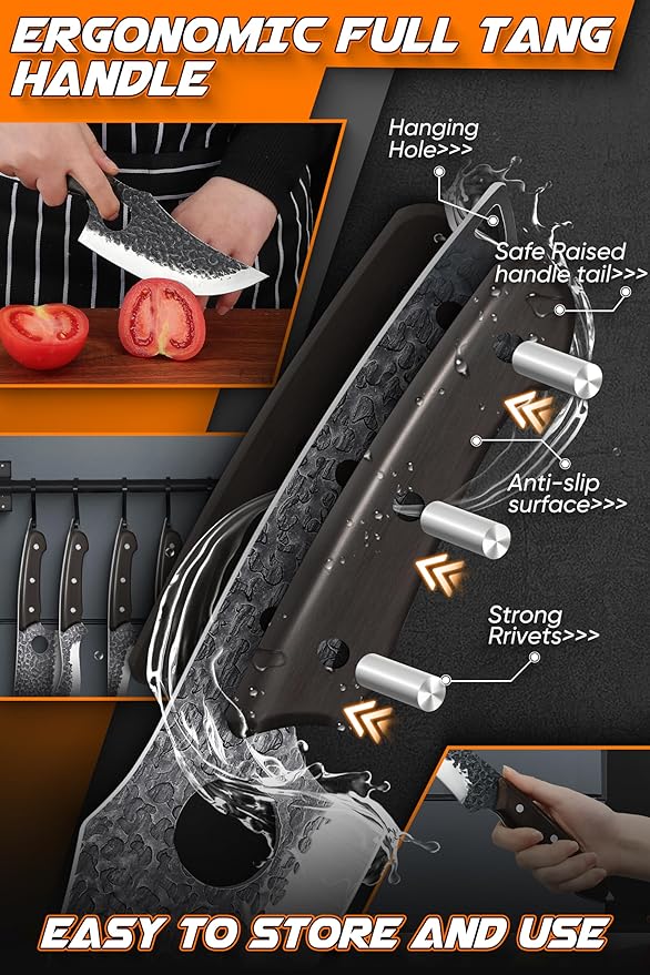 ROCOCO 13PCS Butcher Cleaver Knife Set for Meat Cutting Serbian Chef Viking Boning Knife with Roll Bag for Kitchen Outdoor BBQ Camping Birthday Christmas Father Mother Gift Idea Men