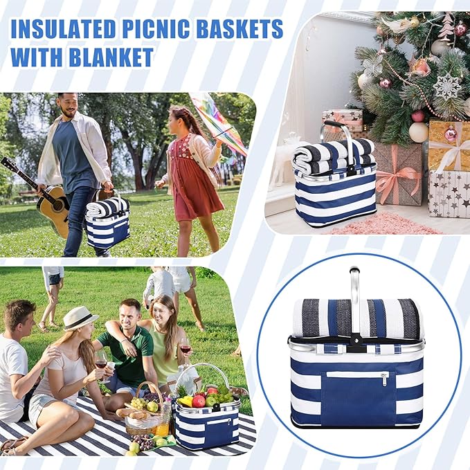 35L Large Insulated Picnic Basket with Blankets Kit Shopping Basket Cooler Bag Leakproof Collapsible Portable Suitable for Picnic Camping Work Hiking Food Delivery Gifts(Blue Stripes)