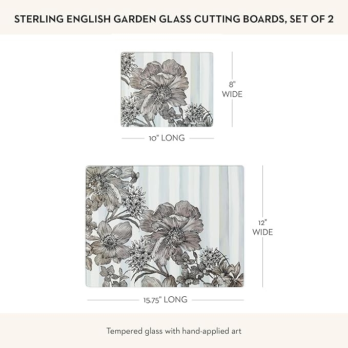 MACKENZIE-CHILDS Set of 2 Tempered Glass Cutting Boards, Countertop Cutting Boards, Sterling English Garden