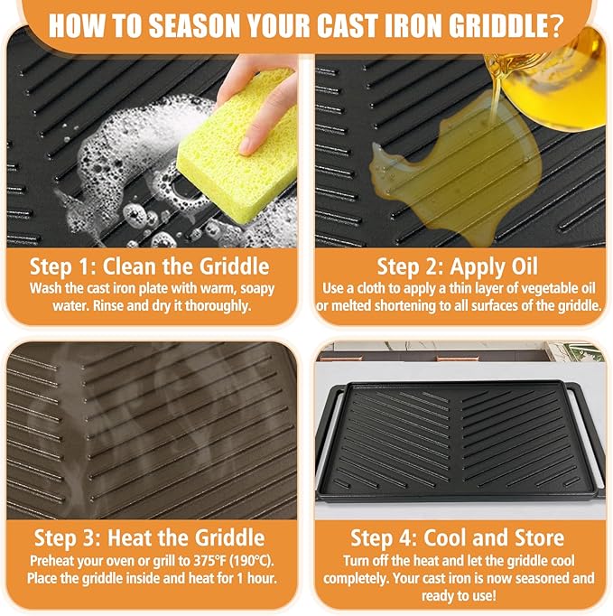 SafBbcue Reversible Cast Iron Grill Griddle Plate for Most Gas Grill Wood Pellet 19" x 9.5", Replace for CCP-2000 Ribbed Grill & Smooth Flat Top Griddle, Heavy Duty Cast Iron, Outdoor Indoor