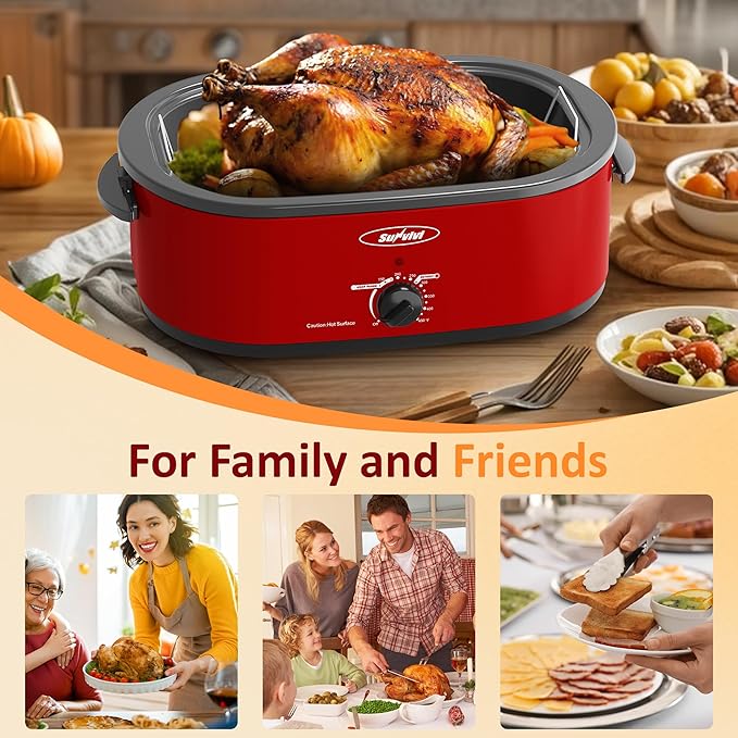 Sunvivi 18-Quart Roaster Oven with Self-Basting Lid, Electric Turkey Roaster Oven with Removable Pan and Rack, Stainless Steel, Red
