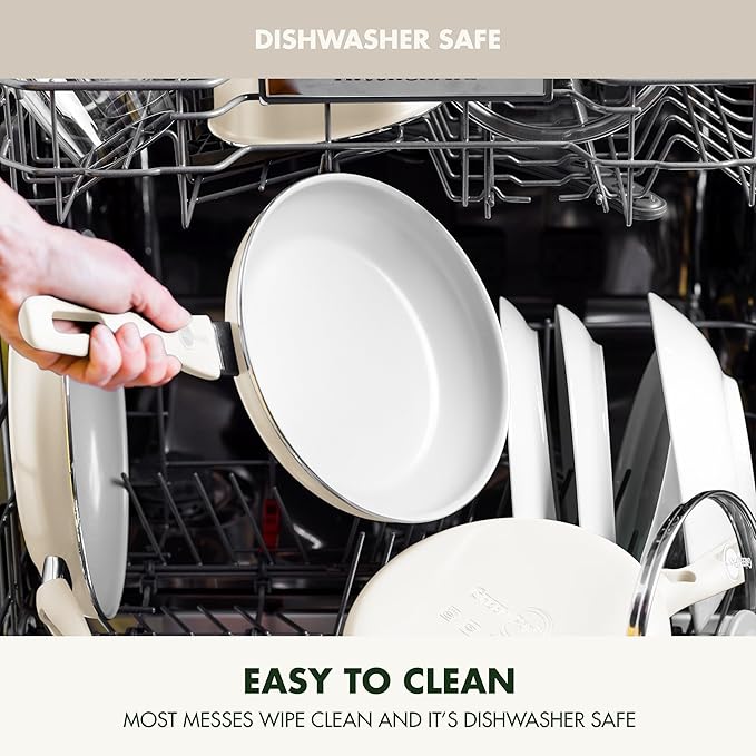 GreenPan Dover 8” 10” 2 Piece Frying Pan Skillet Set, Non-Toxic PFAS-Free Ceramic Nonstick Coating, Sear Saute Fry Egg Omlete, Dishwasher & Oven Safe, Stay Cool Handle, Easy Pour Rims, Cream White