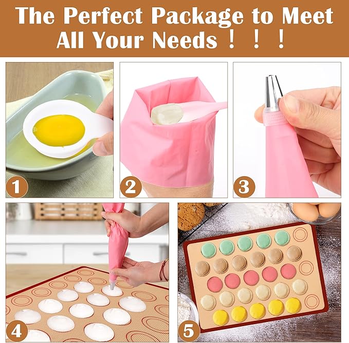 29P Macaron Silicone Baking Mats-Coldairsoap 2 Half Sheet Macaron Silicone Baking Mats 11.6"x16.5",1 Egg Separator,1 Pastry Brush,1 Spatula,12 Frosting Tips,2 Piping Bags, 1 Coupler, 6 Embossing Molds
