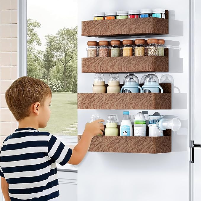Magnetic Spice Rack for Refrigerator, Kitchen Organizer and Storage Shelf, Wood Red (4 Pack)…