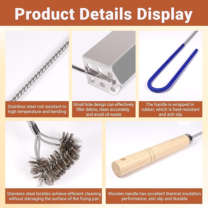 4 PCS Fryer Cleaning Tools with Deep Fryer Stainless Steel L-Shaped Brush, Deep Fryer Crumb Scoop, Deep Fryer Cleanout Rod, Long Handle Deep Basket Brush for Restaurants, Air Fryers, Deep Fat Fryers