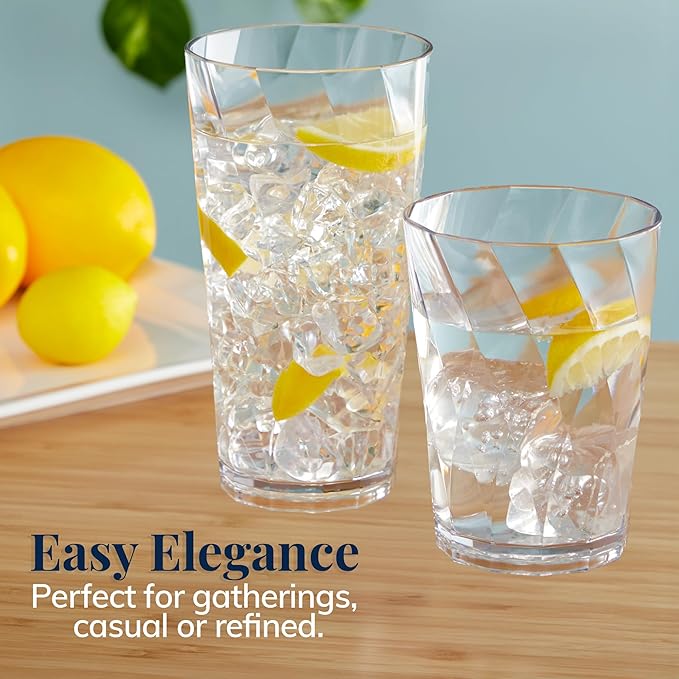 US Acrylic Optix Plastic Reusable Drinking Glasses (Set of 16) 14oz Rocks & 20oz Water Cups in Clear | BPA-Free Tumblers, Made in USA | Top-Rack Dishwasher Safe