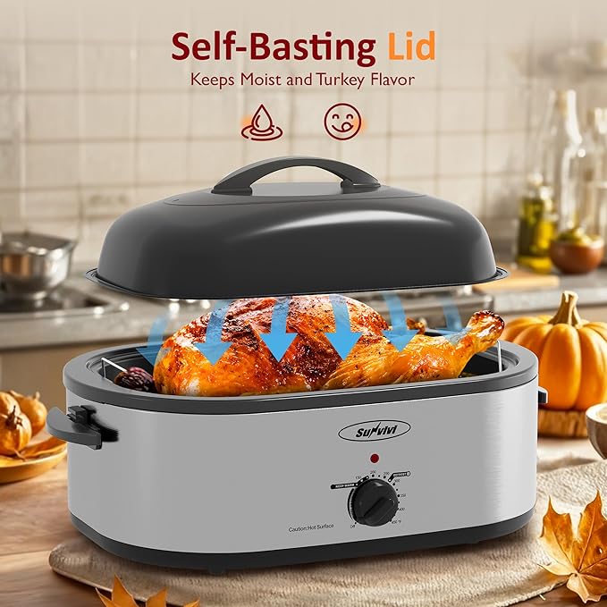 Sunvivi 20-Quart Roaster Oven with Self-Basting Lid, Electric Turkey Roaster Oven with Removable Pan and Rack, Stainless Steel, Sliver