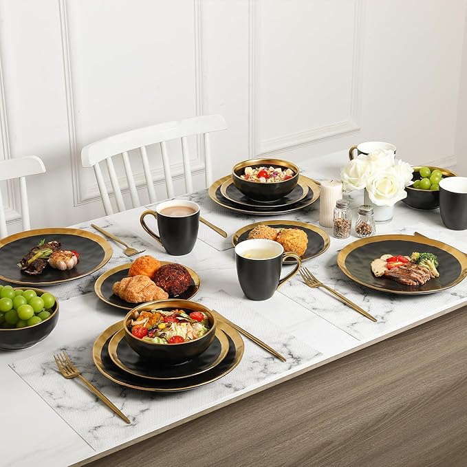 vicrays Ceramic Dessert Salad Plates, 8 Inch, Set of 6, Round, Dishwasher Safe, NOT Microwave Safe, Scratch Resistant, Suitable for Appetizer, Home, Restaurant (Black with Golden)