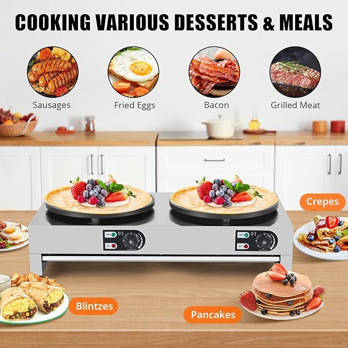 16" Commercial Electric Crepe Maker, 1500W+1500W Double Plate Pancake Maker Griddle, Adjustable Temp Control 110V Electric Crepe Machine for Blintzes, Eggs, Bacon
