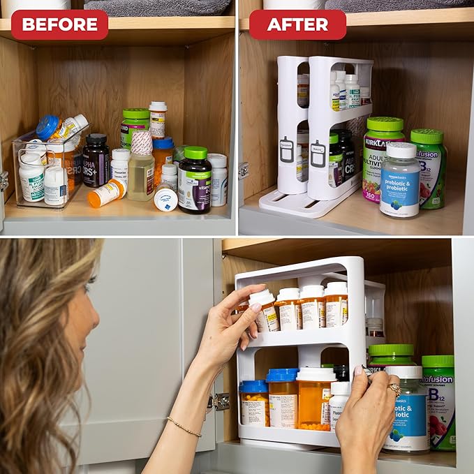 Cabinet Caddy Spice Rack Organizer for Cabinet - Slide & Rotate Kitchen Organizers and Storage - 2 Double-Decker Shelves - Non-Skid Base - Magnetic Modular Design - 10.8" H x 5.25" W x 10.8" D