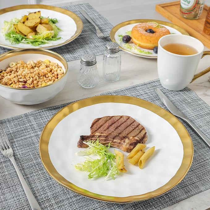 vicrays Ceramic Dinner Plates Set, 10 Inch, Set of 6, Round, Dishwasher Safe, NOT Microwave Safe, Suitable for Steak, Pasta, Home, Party, Restaurant（White with Golden）