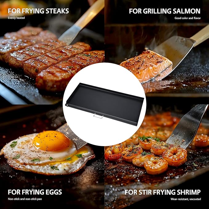 LotFun 30" x 15" Carbon Steel Cooking Griddle for Outdoor Gas Grill, Universal Griddle Flat Top Plate Insert with Grease Groove and Removable Handles for Electric/Charcoal/Gas Grill, Camping,Party