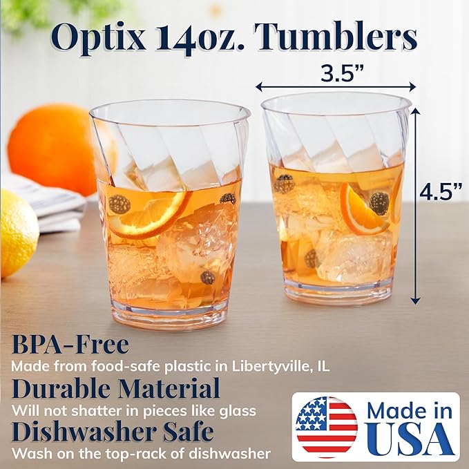 US Acrylic Optix Plastic Reusable Drinking Glasses (Set of 8) 14oz Rocks Cups in Clear | BPA-Free Tumblers, Made in USA | Top-Rack Dishwasher Safe
