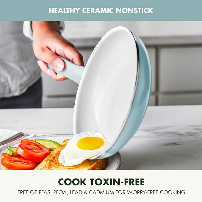 GreenPan Dover 8” and 10” 2 Piece Frying Pan Skillet Set, Non-Toxic PFAS-Free Ceramic Nonstick Coating, Sear Saute Fry Egg Omlete, Dishwasher & Oven Safe, Stay Cool Handle, Easy Pour Rims, Blue Haze